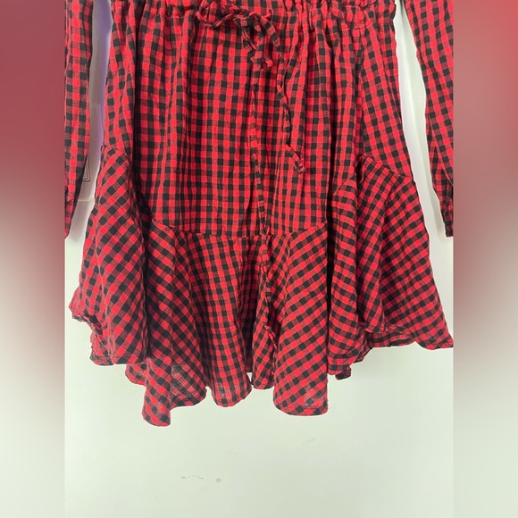 Gingham Drawstring Waist Ruffle Hem Shirt Dress - Picture 4 of 7